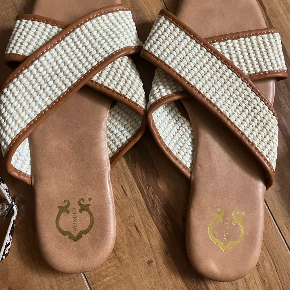 Wonder Tan and Cream Cross band Woven Sandals